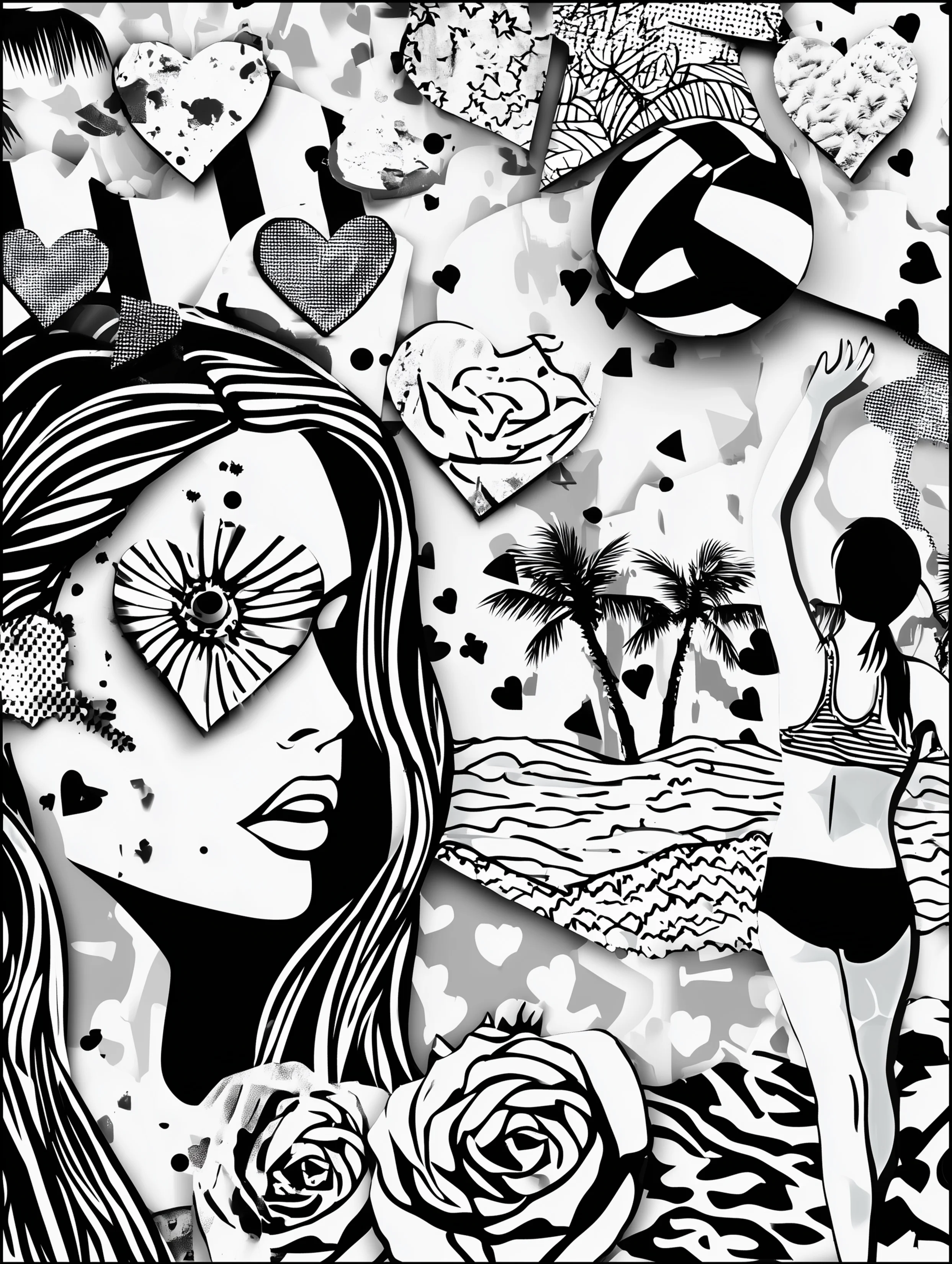 Free printable volleyball coloring page for adults featuring a volleyball player with heart-shaped eyes